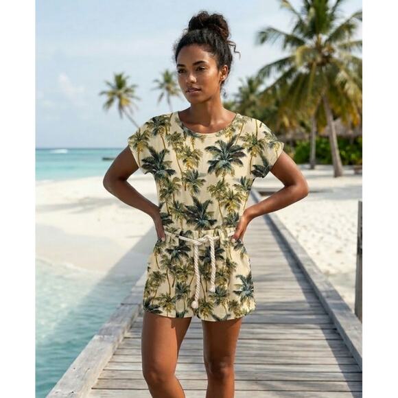 My Sunday Morning Pants - My Sunday Morning Romper M/L Green Beach Tropical Palm Tree Summer Vacation Boho
